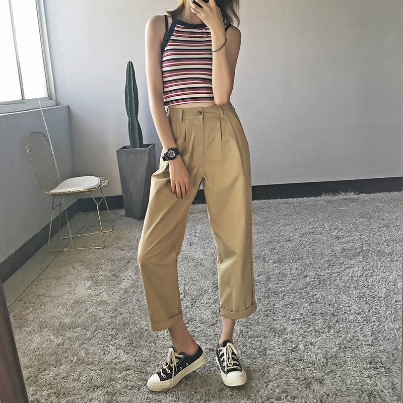 ボトムス パンツ ストレートパンツ レディース 個性的 ハイウエスト 9分丈 無地 ベージュ XS S M L XL 2XL 大人可愛い シンプル カジュアル ラフ おしゃれ 春 夏 秋 冬 オールシ