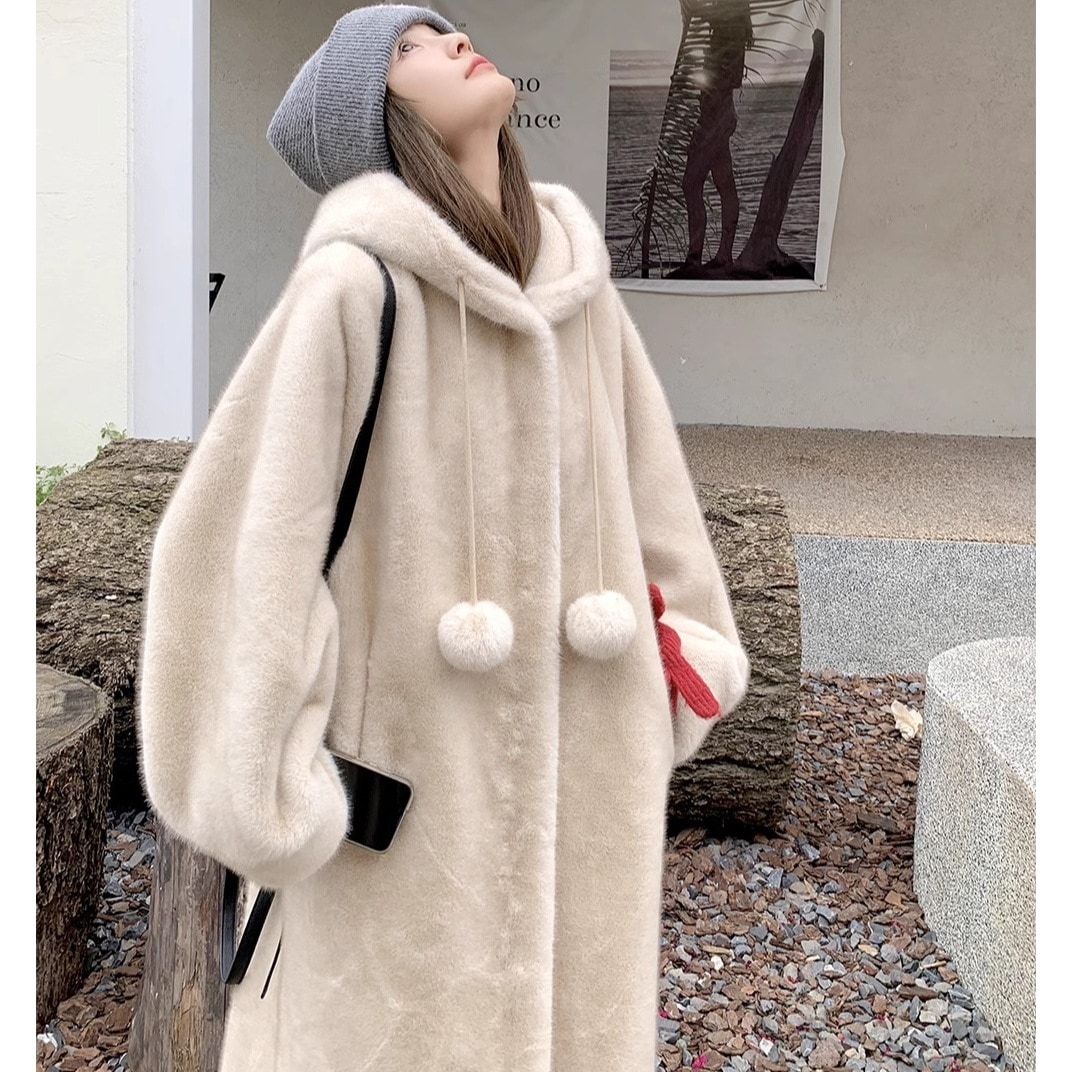 フード ミドル丈 ミンク 毛皮のコート 毛皮一体 エコ毛皮 コート冬