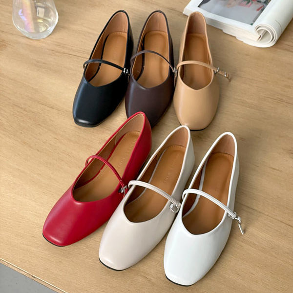 バレエシューズ 牛革 スクエアトゥ フロントストラップ レディース レッド ベージュ アイボリー
