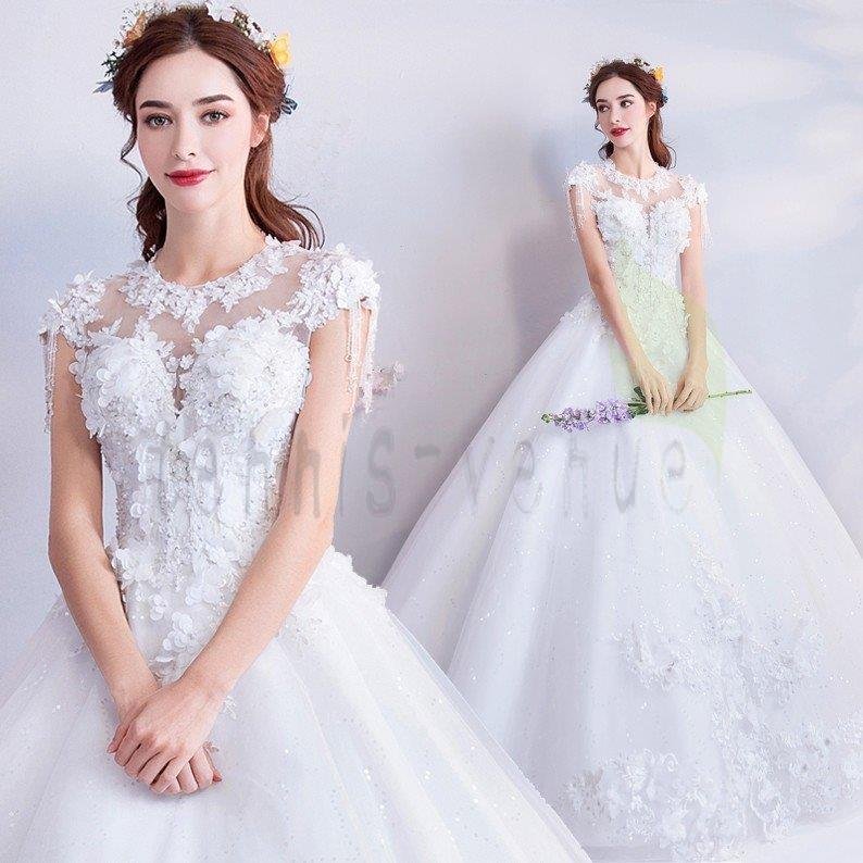 ウェディングドレス 結婚式 安い パーティー 白 袖あり 大きいサイズ 花嫁 ドレス 姫系 披露宴