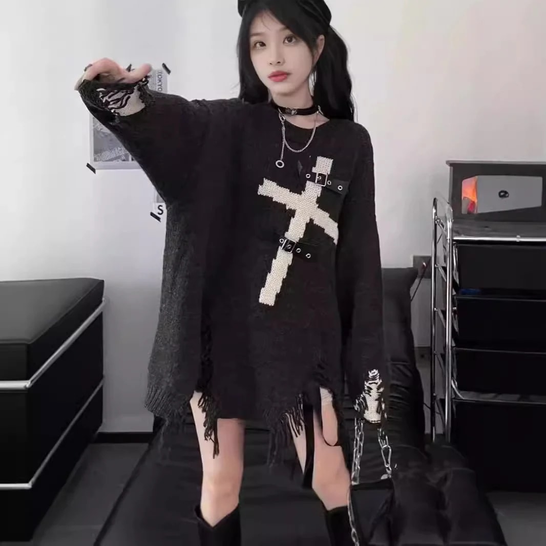 母の日パンクサブカルクロス乞食レトロけだるい風中ロングカーディガン破れニットゆったりトップスブーム