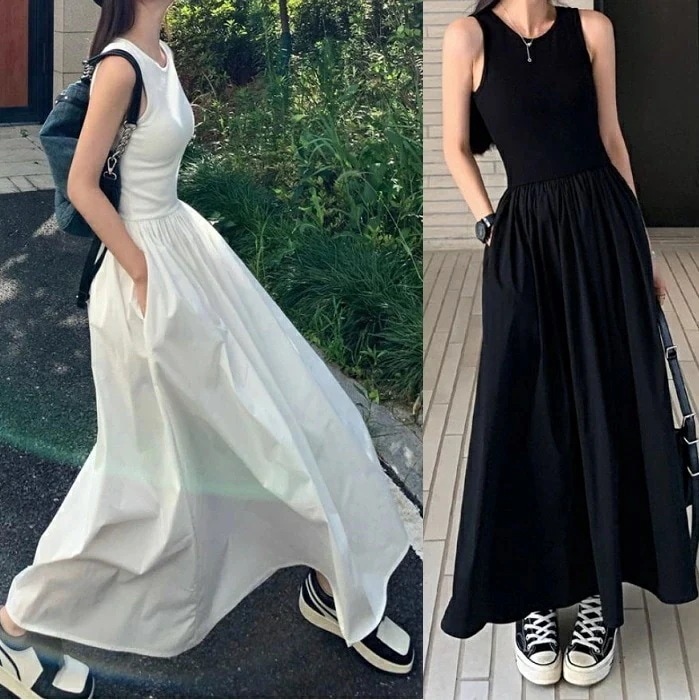 【急速出荷 2025年新作】白いワンピース 黒いワンピース ロングワンピース夏 シンプルワンピース タンクトップワンピース レディース ワンピース ロングワンピース フレアワンピース 韓国 夏 ロング