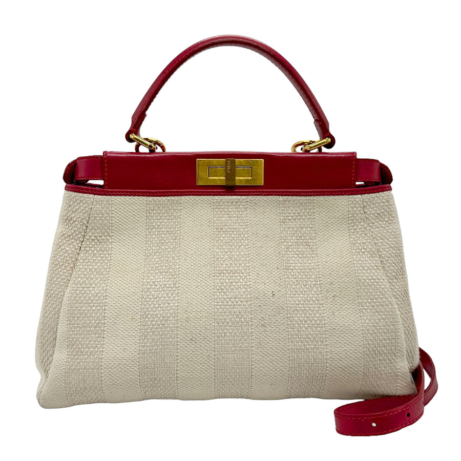 フェンディ FENDI ハンドバッグ ショルダーバッグ ピーカブー ミディアム キャンバス/麻リネン ライトベージュ/ピンク ゴールド レディース z1815