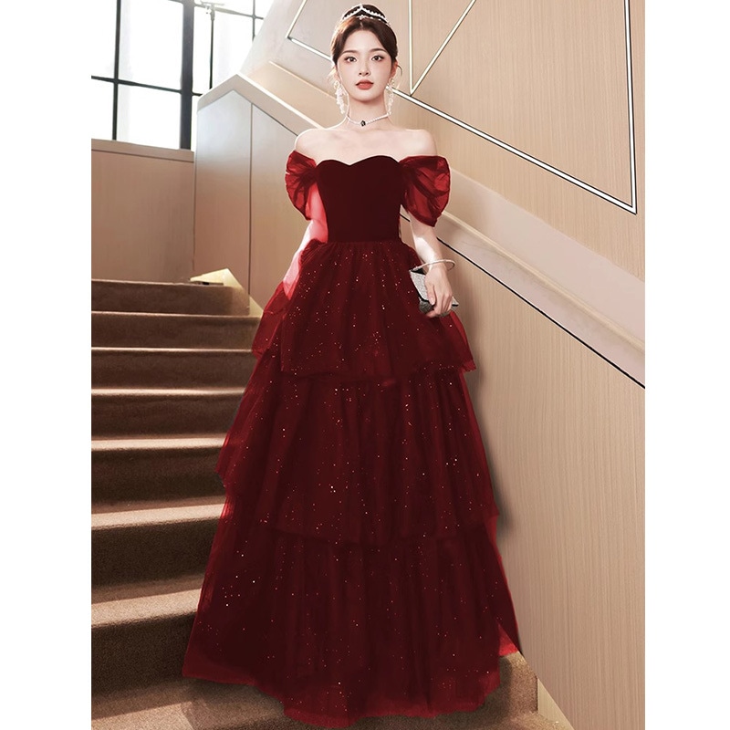 風乾杯ドレス花嫁2024春夏妖精婚約ドレススカートワンショルダー