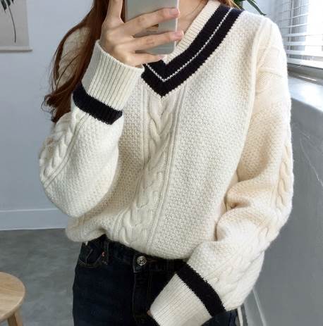 レディース トップス ニット セーター ミドル丈 長袖 Vネック ストレート バイカラー ツイスト編み かわいい 大人可愛い きれいめ シンプル カジュアル おしゃれ レトロ メンズライク ガーリー