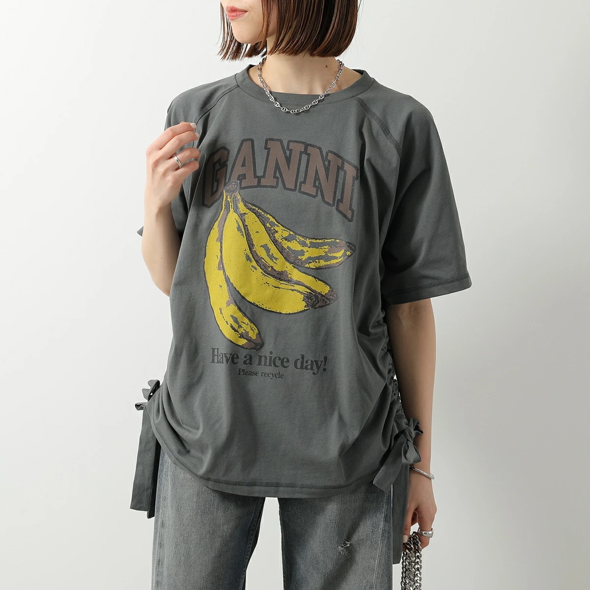 GANNI ガニー 半袖 Tシャツ Future Heavy Jersey Raglan A1050047 11039 レディース ロゴT カットソー ドローストリング 490/Volcanic-As