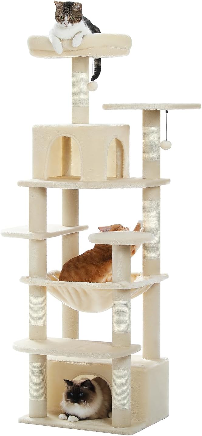 PETEPELA(ぺテぺラ) キャットタワー 大型猫用 コンパクト 多頭飼い 据え置き型 スリム ハンモック 麻紐爪とぎポール 猫のおもちゃ 転倒防止ベルト付き 展望台 猫ベッドカバー取り外し可能