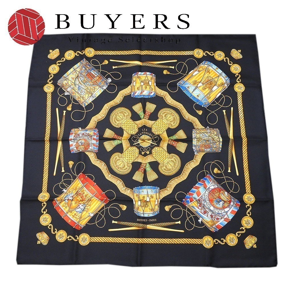 中古 スカーフ カレ90 シルク ブラック ゴールド LES TAMBOURS タンブールの太鼓 レディース 女性