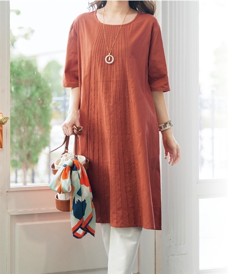 ミニ・ひざ丈/半袖 ピンタックデザインワンピース アトランダム