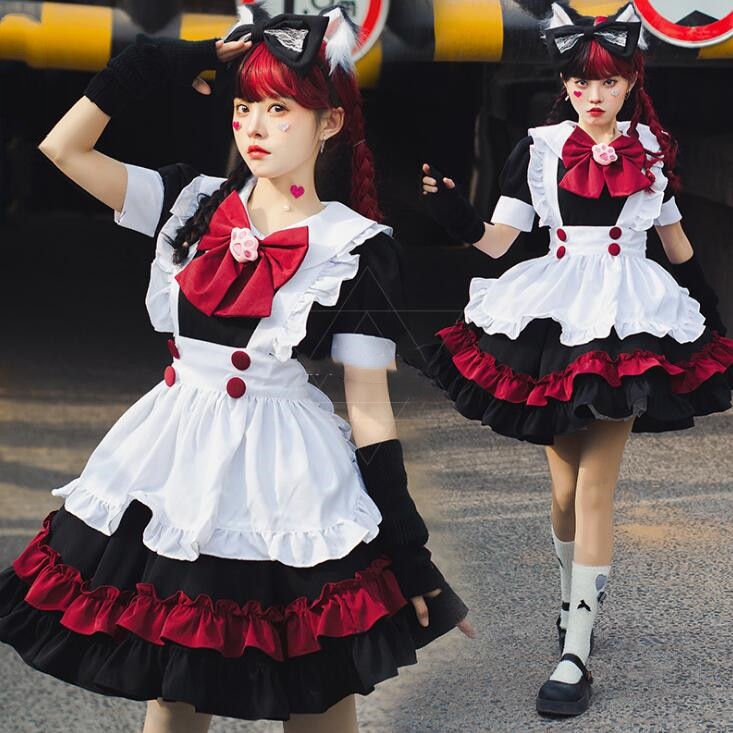 メイド服 ゴシック風 黒赤 ハロウィン コスプレ衣装 ゴスロリ 暗黒風メイド服 コスチューム 変身仮装 コス お化け 魔女 パーティー衣装 文化祭 ティアードワンピース コスプレ