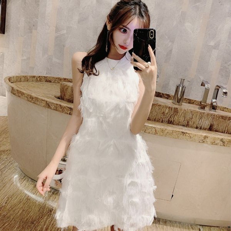 レースアップタッセルワンピース ワンピース ノースリーブ オフショルダー ホルターネック ショート丈 Aライン ハイウエスト スリム 細身 韓国 レディース オルチャン 可愛い 大人可愛い