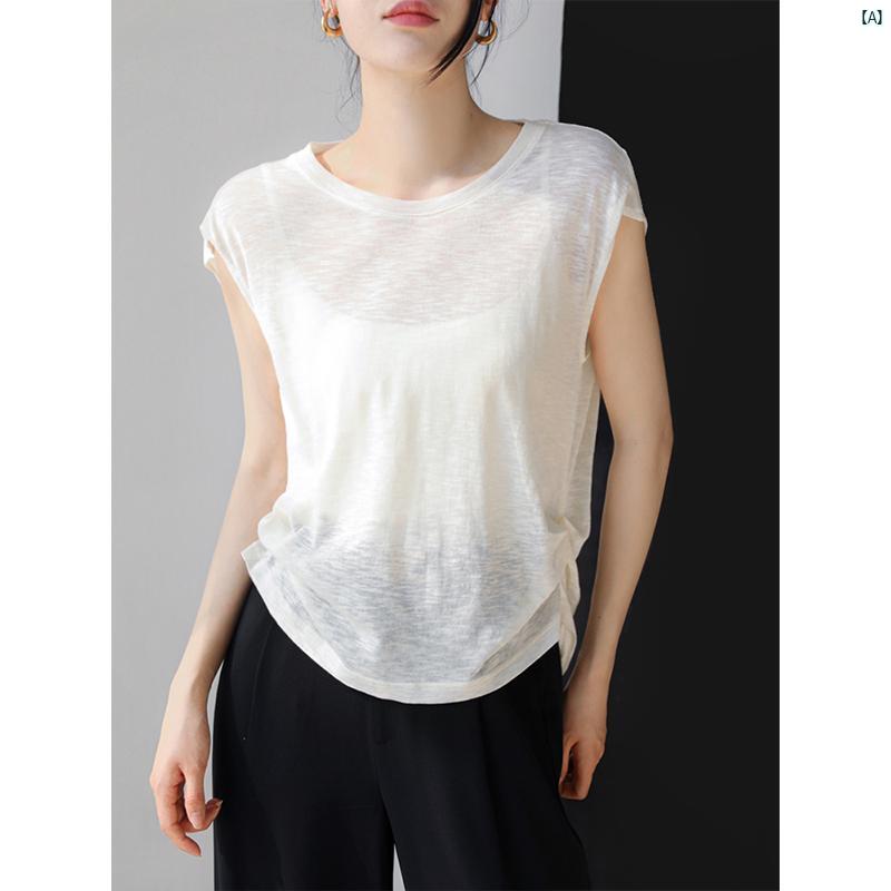 レディース ファッション　レディース　カジュアル　上品　綺麗　外出 ラウンドネック リネン プリーツ 半袖 トップ 夏 薄手 シースルー プルオーバー Tシャツ ブラック