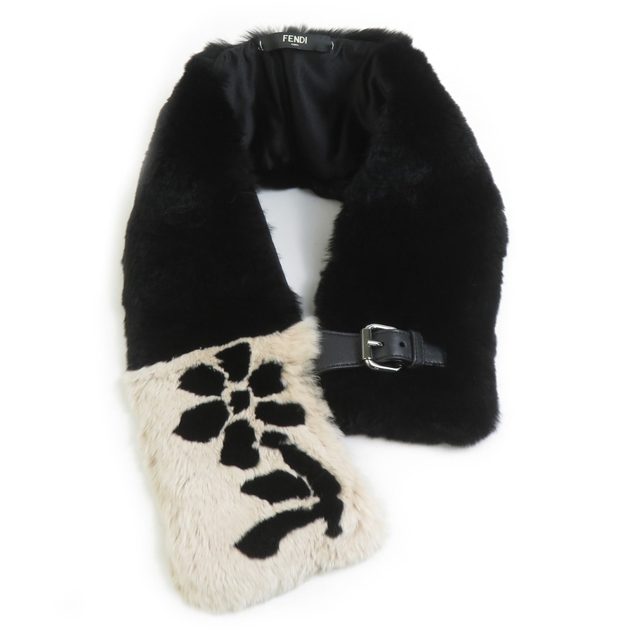 フェンディ FENDI マフラー ファー/レザー ブラック/グレージュ レディース e60622a