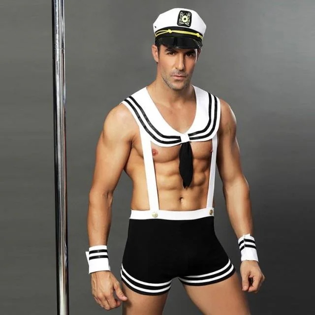 メンズコスプレ メンズコスチューム メンズ コスプレ衣装 セクシーコスチューム セーラー服 船員 制服 サスペンダー 上下一体 帽子付き 3点セット ポイント消化