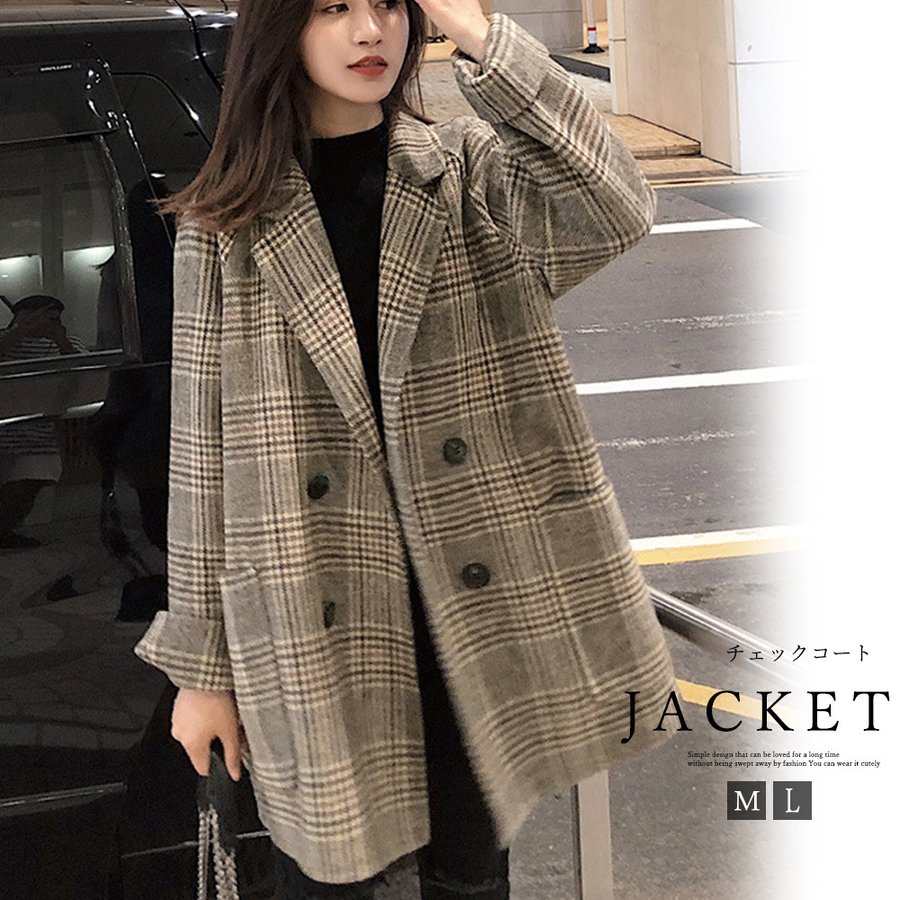 チェックコート レディース グレンチェック テーラードジャケット冬物 中綿入り ラシャコート ゆった