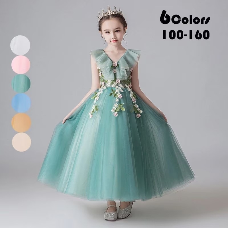 子供ドレス フォーマルピアノ発表会ドレスきれいめ 刺繍花上品 きらきら 女の子ワンピース 子ども服