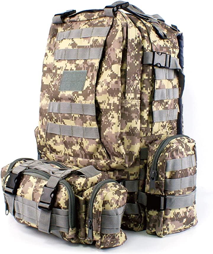 バックパック リュック キャンプ 55L ポケット8個 MOLLシステム搭載(ACU迷彩)