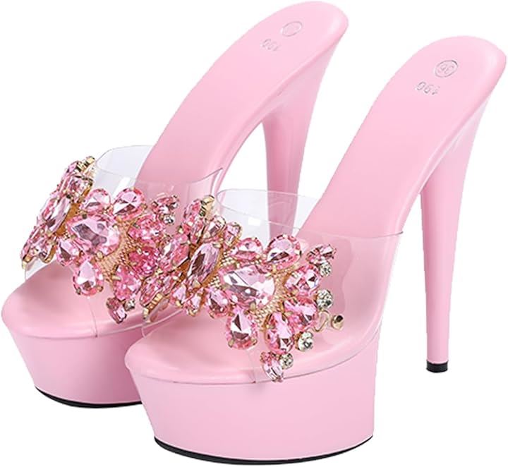 レディース ミュール パンプス 厚底 キラキラ ラインストーン 17cm サンダル キャバヒール おしゃれ 日本の靴のサイズ寸法 大人 数値 23.0(ピンク, 23.0 cm)