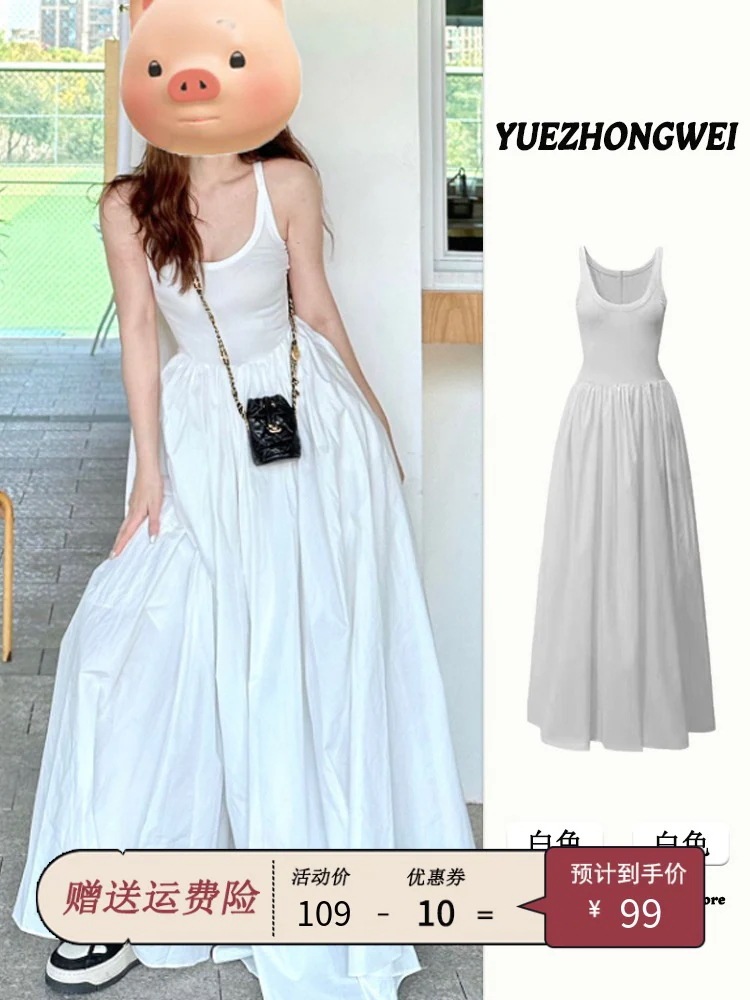 2024年夏新作 白サスペンダードレス レディース 海辺リゾートスタイル フレンチウエストスタイル Aラインロングスカート