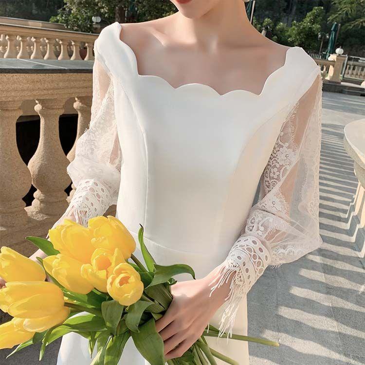 ウェディングドレス 長袖 二次会 白 袖付きのスレンダードレス ウエディングドレス 花嫁ドレス WeddingDress