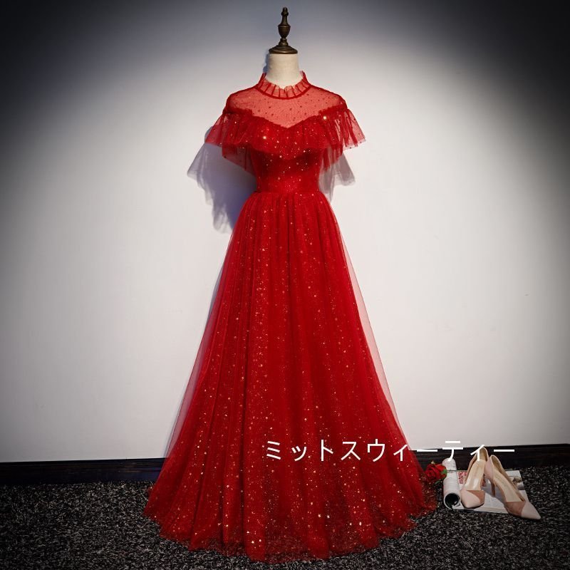 パーティードレス 演奏会 結婚式 カラードレス Aラインドレス 発表会 袖あり ロングドレス イブニ