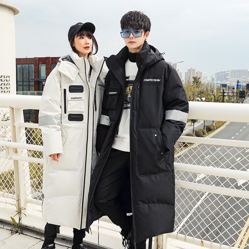 男性と女性のための膝丈のロングダウンジャケット若者の作業着ホワイトダックダウンのフード付きカップルコート厚くて暖かい