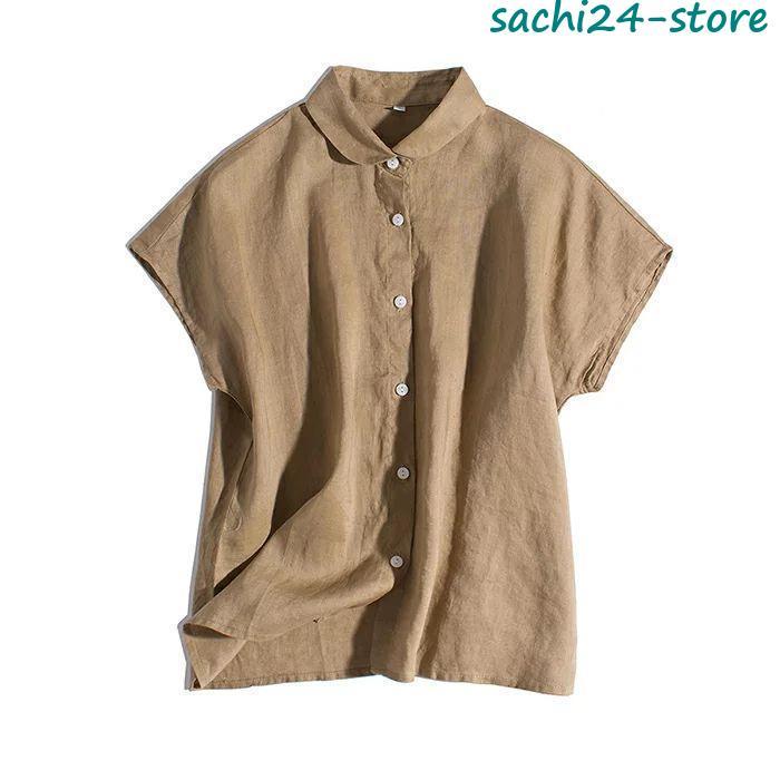 リネンシャツ 半袖 レディース 麻 リネン ブラウス フレンチリネン 麻 リネン 透け感 無地 シンプル 無地 ストライプ 半袖シャツ S M L 上品