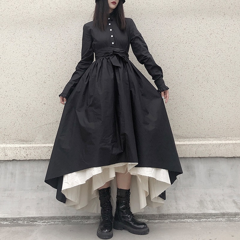 パレススタイルのドレスレディース秋冬新作ファッション大サイズ和黒と白のステッチ大スイングチュチュスカート流行のファッション女性の長袖ドレス