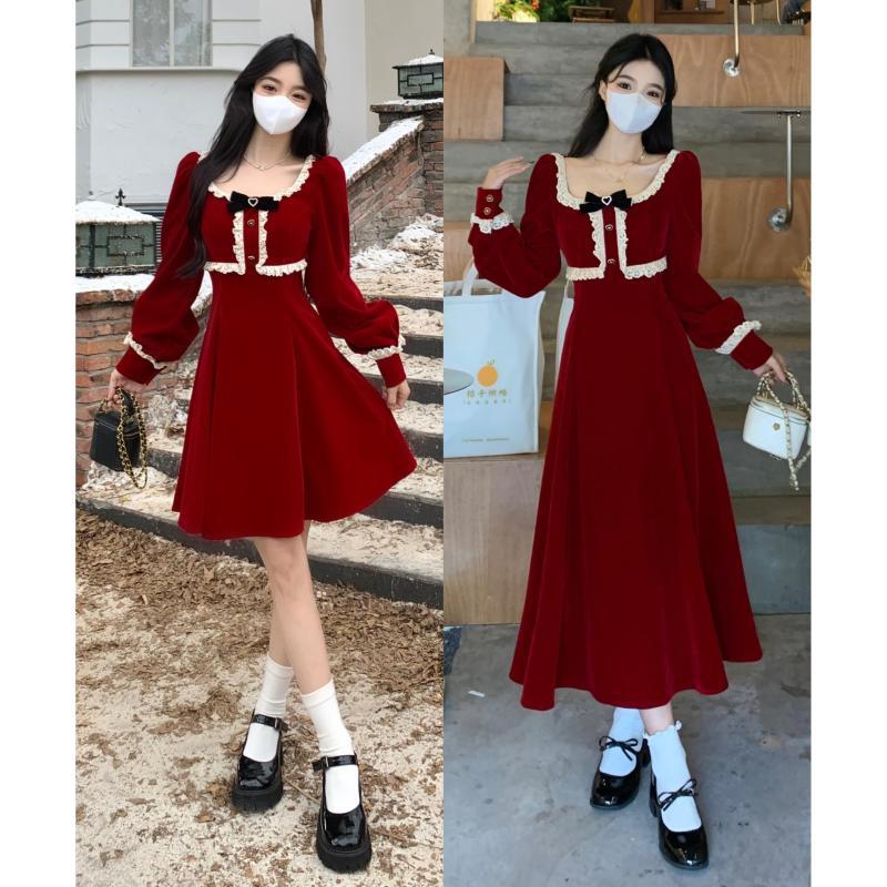 大きいサイズのスクエアカラークリスマスと新年のベルベットドレス女性秋冬太mmハイエンドウエストaラインミモレ丈スカート