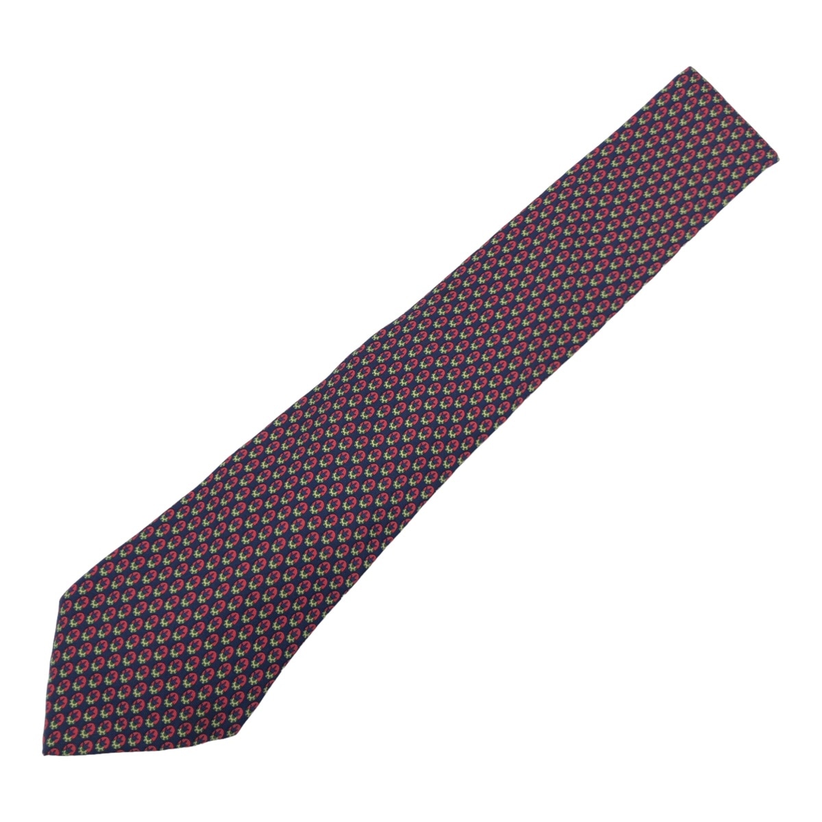 美品 総柄 ネイビー レッド ライムイエロー シルク 820 EA ネクタイ 剣先9.5cm メンズ 404986
