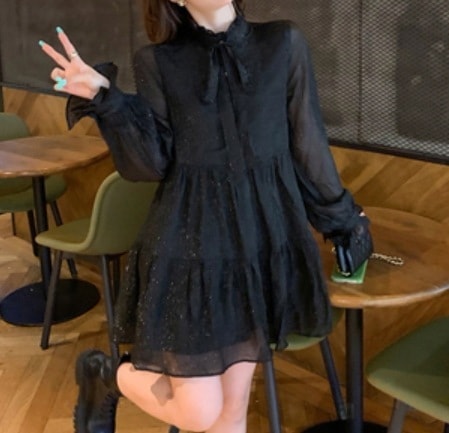 シフォン ボウタイ フェミニン レトロ エレガント シンプル セクシー ワンピース デート シフォンワンピ シフォンワンピース ミニ ミニ丈 ショート ショート丈 袖あり 長袖 萌袖 ハイネック