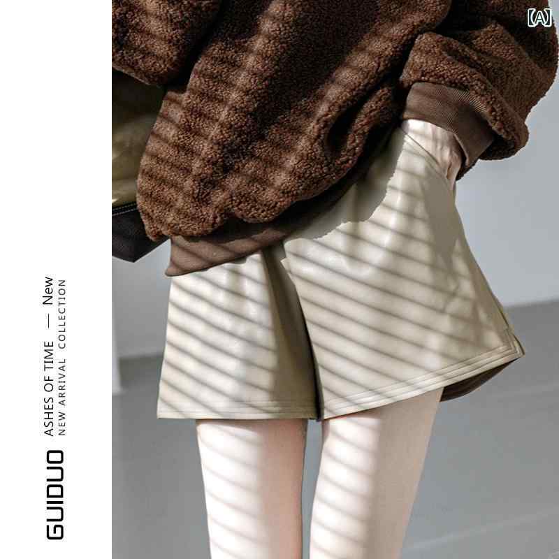 ショートパンツ レディース 秋冬 ボトムス ハイウエスト レザー ストレート ポケット ドローコード 脚長効果 カジュアル 無地 ミルクティーカラー 黒 茶