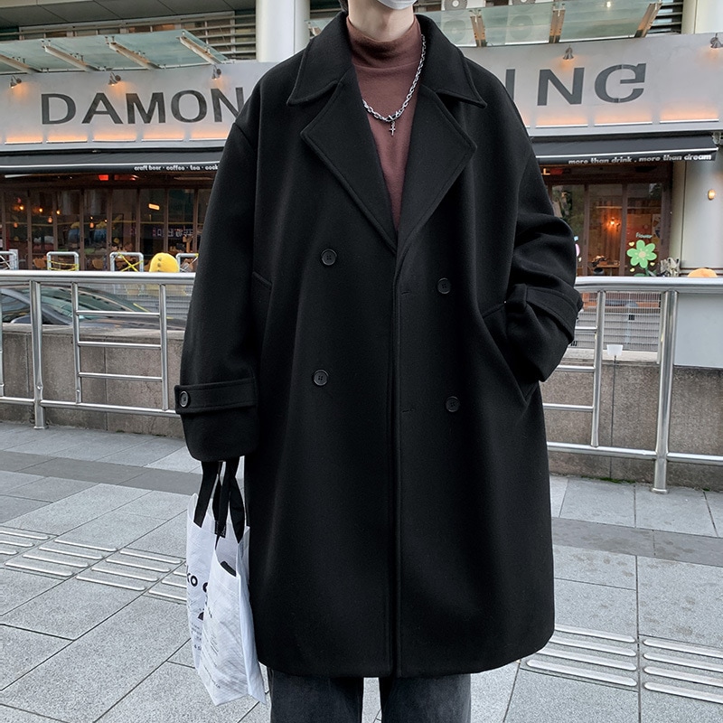 冬新作ツイードコートメンズミディアム丈ダブルブレストツイードジャケットコートルーズウィンドブレーカー