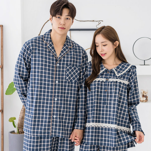 カップル純綿パジャマ先染め羊起毛パジャマフロムチェック