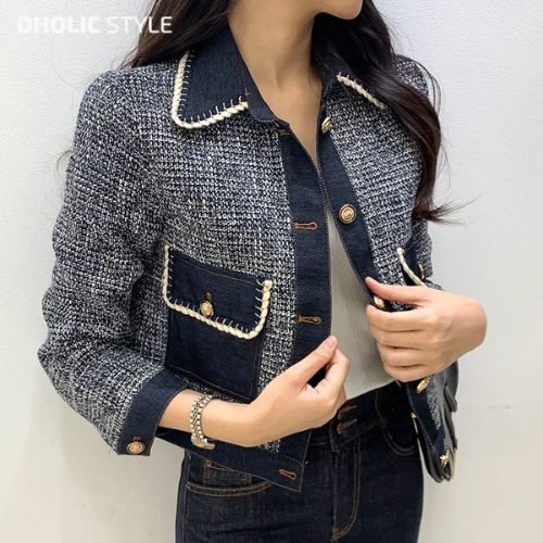 レーディス 韓国ファッション 秋 fall autumn あき fw 春 spring はる ss デニム配色ツイードジャケット・p595751 アウター ジャケット ライトアウター カ
