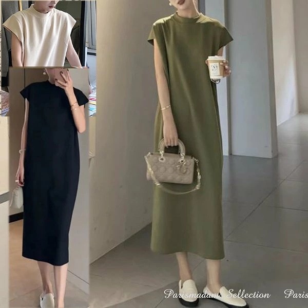 希少アイテムフレンチスリーブストレートワンピース　ロングワンピース　カーキ　大きいサイズ有　Sから3L　女子会細く見える通勤通学20代30代40代50代60代