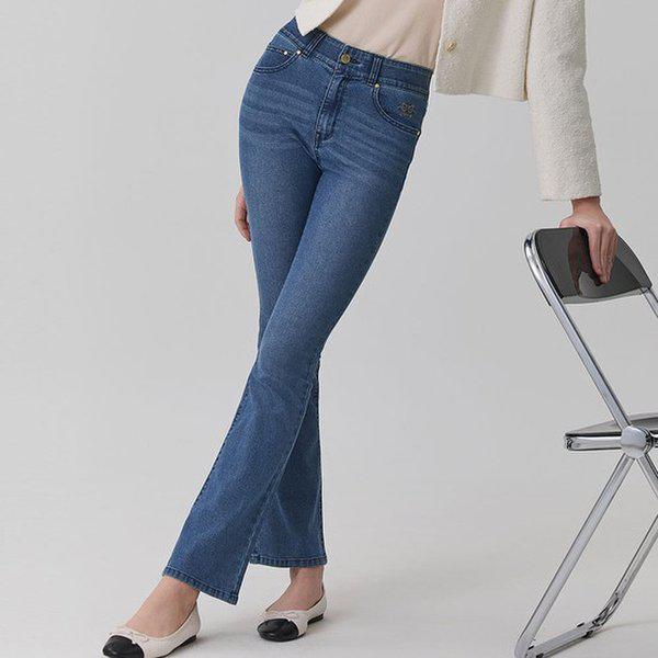 女性ライクラセミフレアフィットデニム_スカイ