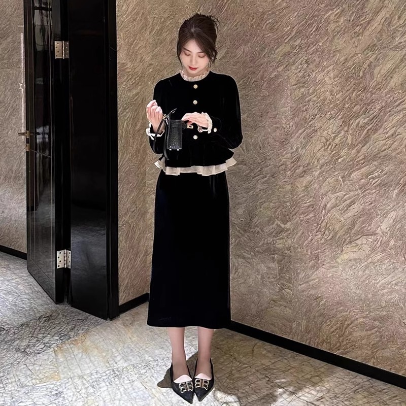 レディース ジャケット ボトムス セットアップ ノーカラージャケット ペンシルスカート ツーピーストップス ロング 長袖 クルーネック ノーカラー スリム 細身 Iライン スマート レース