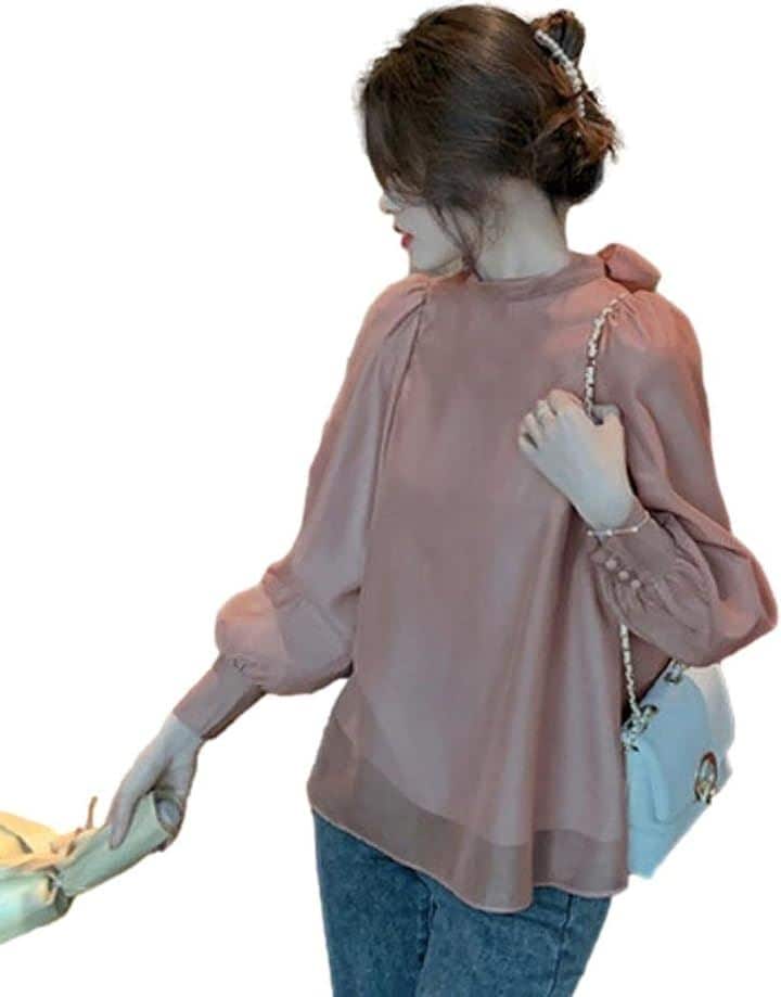 ブルーベリル ブラウス レディース バックリボン シフォン フレア パフスリーブ 長袖 立ち襟 くるみ釦 カフス BB025(ピンク, XL)