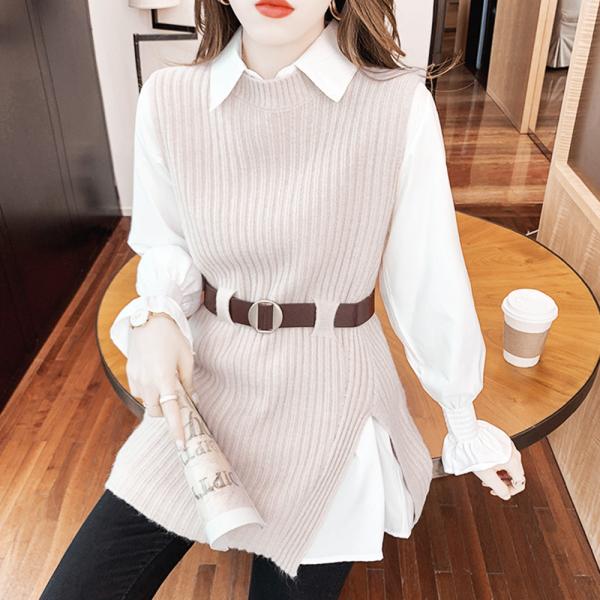 ニット ブラウス ベルト レディース 3点セット リブニット 長袖 春秋 111994