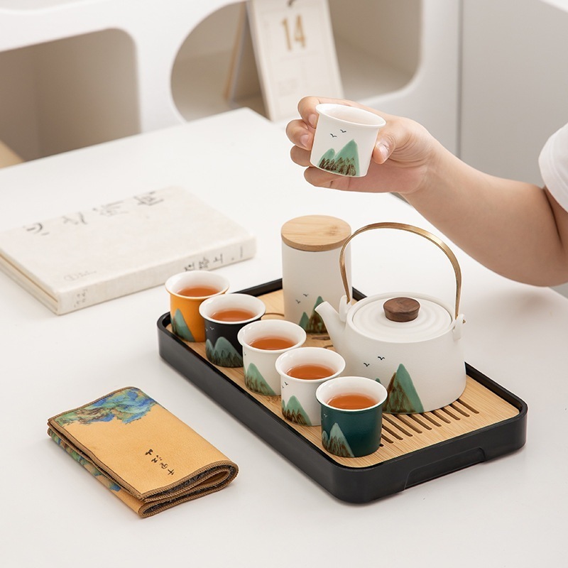 千里江山手描きカンフー茶器セット家庭用事務室提梁壺茶碗セットセットギフトボックス入印