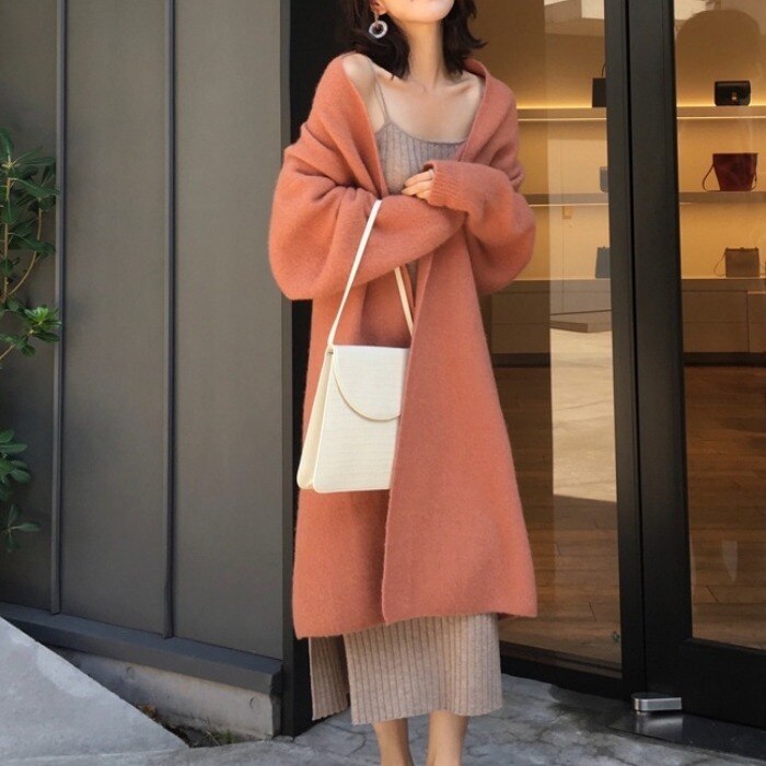 ３色 ロングカーディガン トップス カーディガン レディース 秋冬 きれいめ ゆったり オフィス ドルマン 長袖 ゆったり ひざ丈 ロング ミモレ丈 長袖 ボリューム袖 ショールカラー レッド 茶色