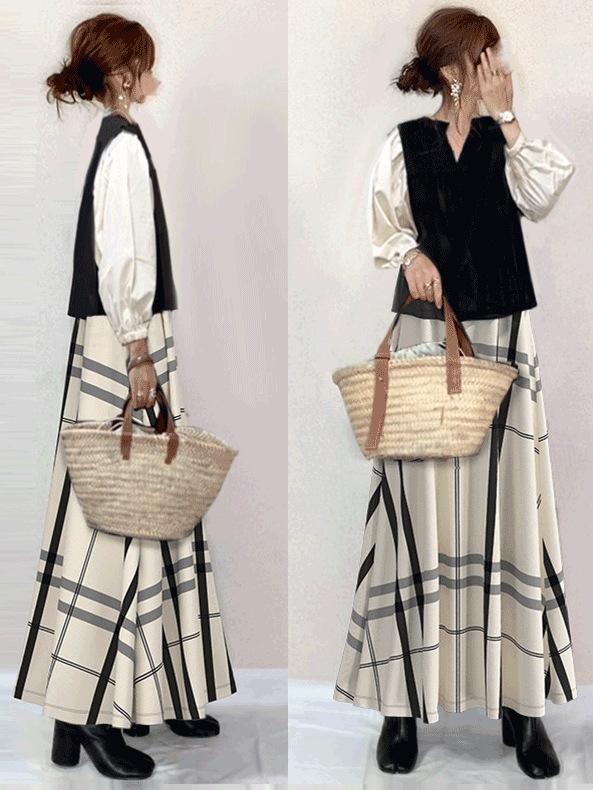 【毎週新商品を更新】 長袖 パフスリーブ 切り替え Vネック シャツ + チェック柄 Aライン スカート セット