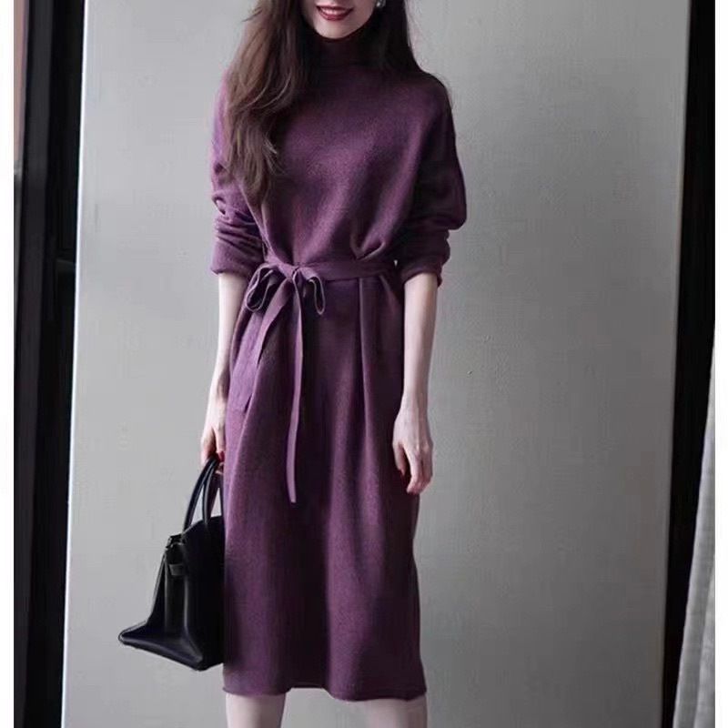 レディース ワンピース ニットワンピ ロング マキシ 長袖 ハイネック タートルネック タイト スリム 細身 スマート フェミニン ベルト ウエストマーク ウエストリボン ハイウエスト かわいい 9,968円