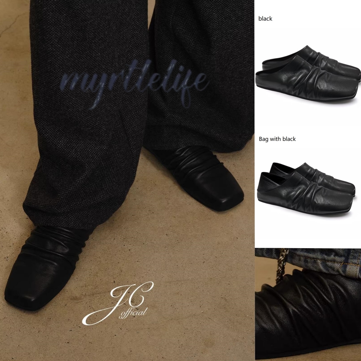 JCAESAR STUDIO LEATHER TOP LAYER MULE フラット スリッパ ブラックJS29