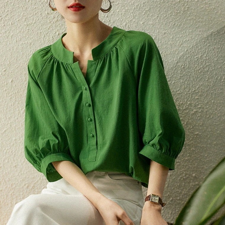 品質いいな パフスリーブ 五分袖 無地 シャツ レトロ Vネック