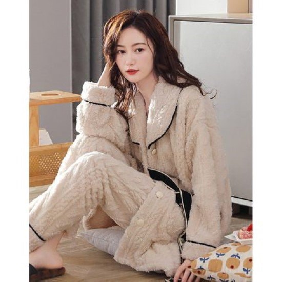 【取寄：納期2週間】ルームウェア レディース パジャマ フランネル ふわふわ 暖かい 冬服 厚手 前開き フロントボタン もこもこ 長袖長ズボン ツーピース 2点セット 上下セット リラックス