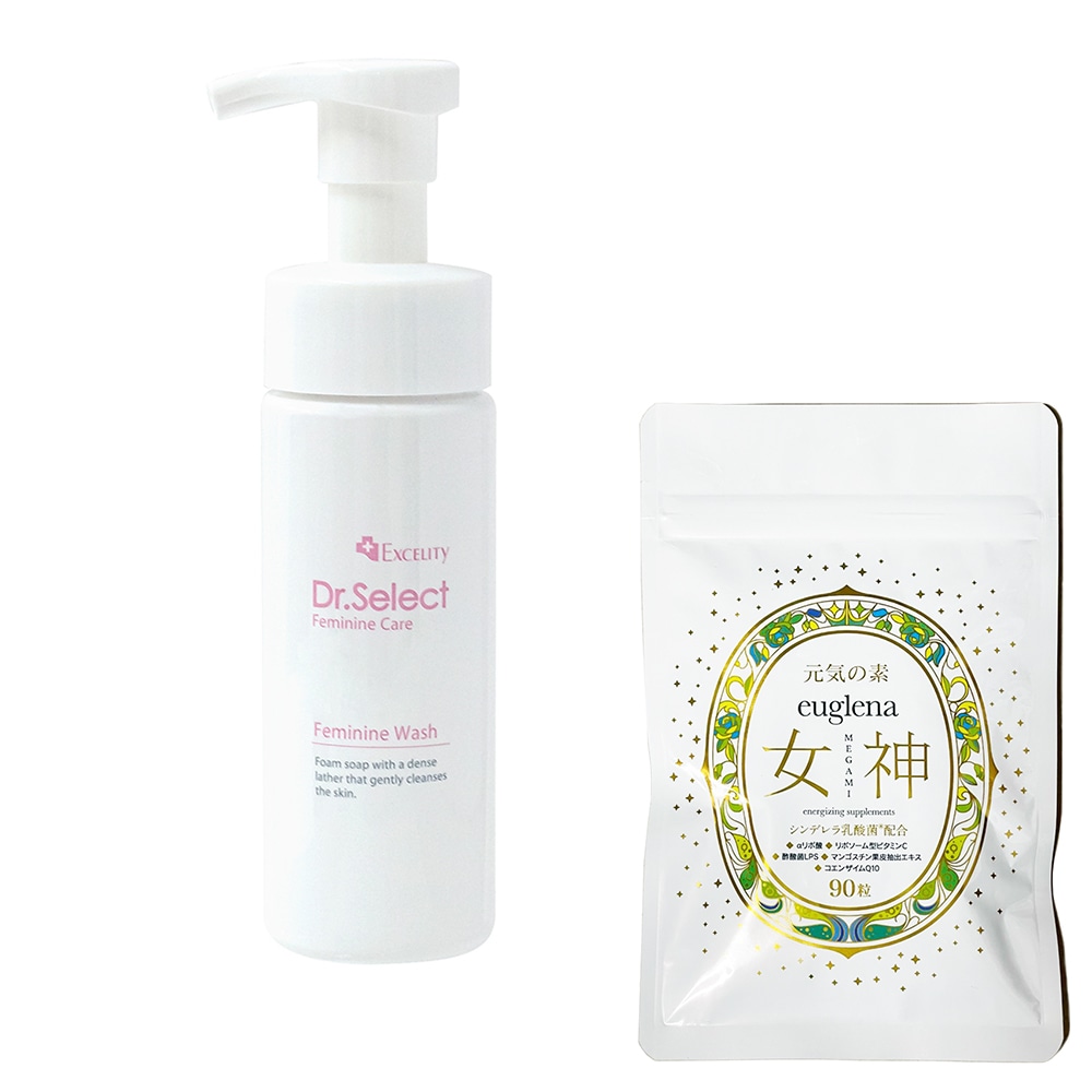 お得セットユーグレナ女神90粒+フェミニンウォッシュ 120ml ボディソープ エクセリティー