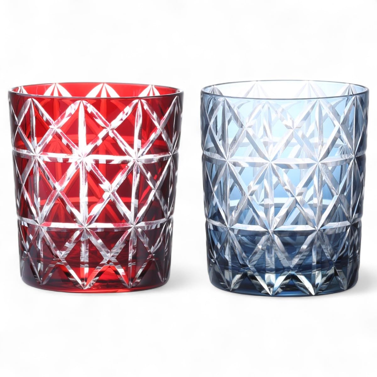 J-kitchens 水影 切子 ペア ロック グラス カップ Φ80xH90mm 280cc 菱紋 レッド & インクブルー 美匠 Current Model