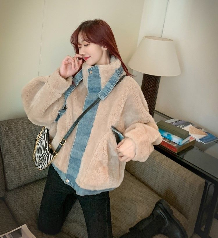 フェイクファー コート レディース 冬 ショート丈 アウター ボア ジャケット 韓国 ブルゾン ゆったり オーバーサイズ ビッグシルエット スタンドカラー もこもこ デニム 切り替え 大きいサイズ カ